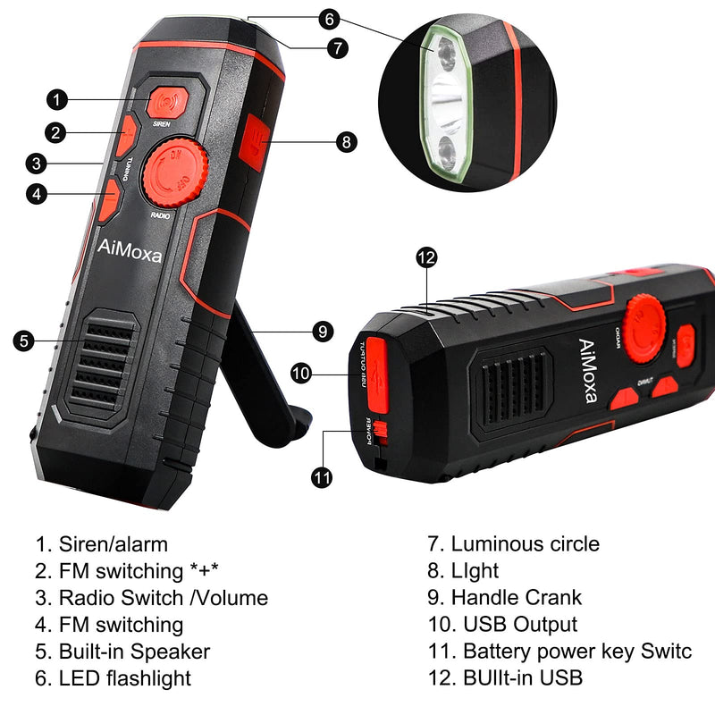  [AUSTRALIA] - AiMoxa Emergency Self Powered Radio 【2021 Newest】, Crank Portable Weather Radio with 100 Lm LED Flashlight, Power Bank for iPhone/Smart Phone, SOS Alarm for Home, Outdoor, USB Rechargeable