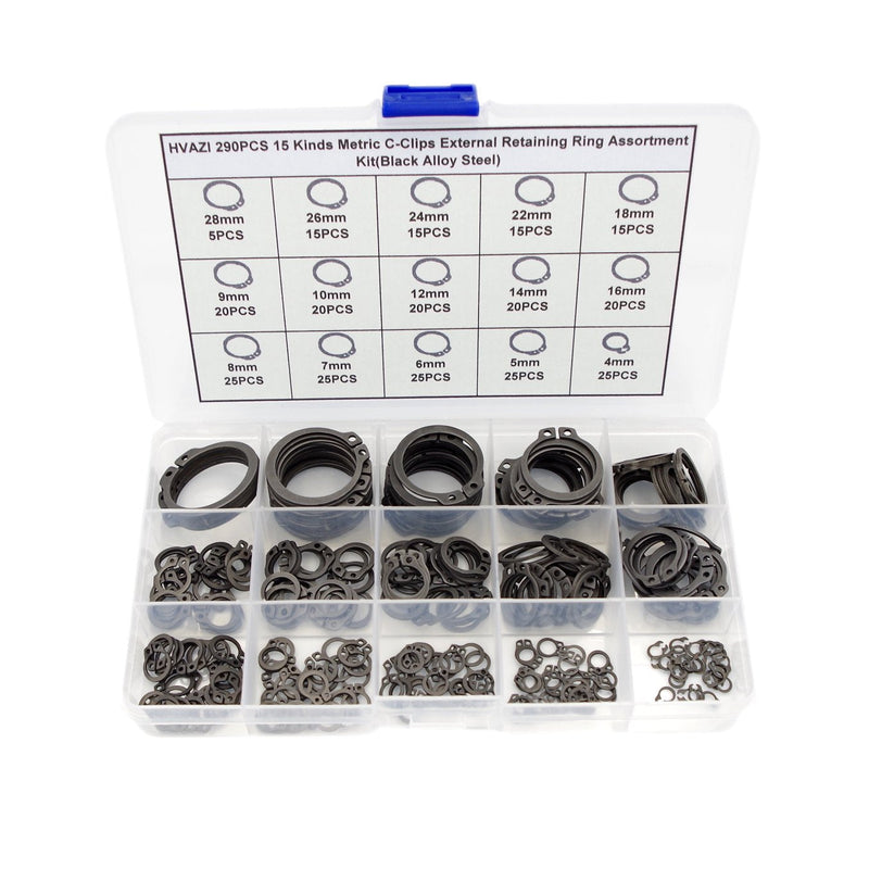  [AUSTRALIA] - HVAZI 290PCS C-Clips External Retaining Ring Assortment Kit(Black Alloy Steel)