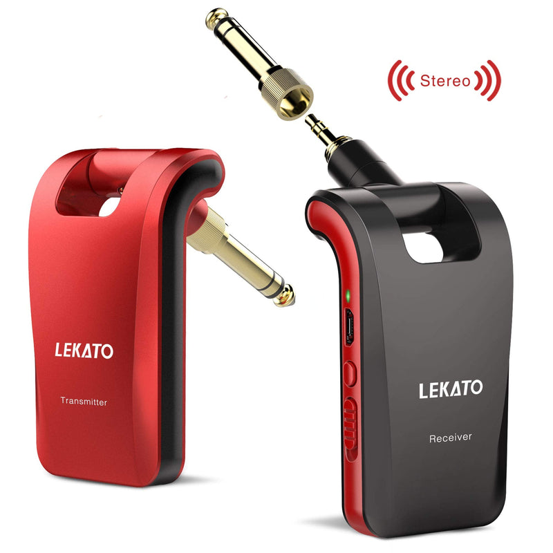  [AUSTRALIA] - LEKATO 2.4GHz Wireless Guitar System Built-in Rechargeable Lithium Battery Digital Transmitter Receiver for Electric Guitar Bass with 6 Channels, Stereo and Mono 1/4” & 1/8” 2 in 1 Plugs (Red & Black) red