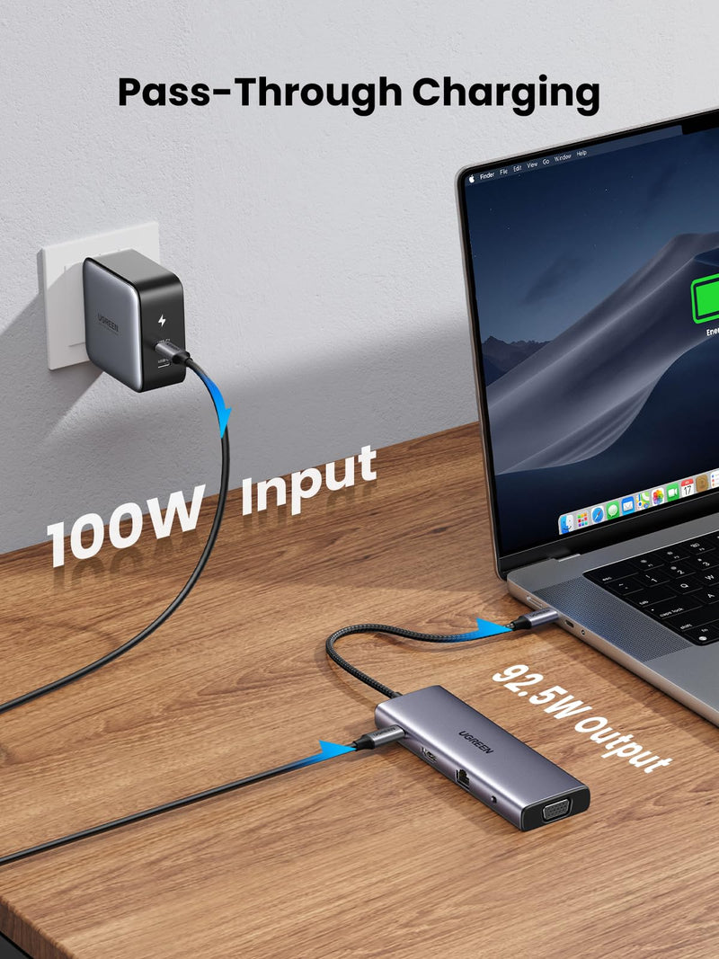  [AUSTRALIA] - UGREEN USB C Hub, 10-in-1 USB-C Dongle with 4K HDMI & VGA Dual Monitor, 1Gbps Ethernet, 100W PD, 3 USB 3.0 Ports, 3.5mm Audio Jack, SD/TF Card Slots, USB C Hub Multiport Adapter for Laptop, Tablet