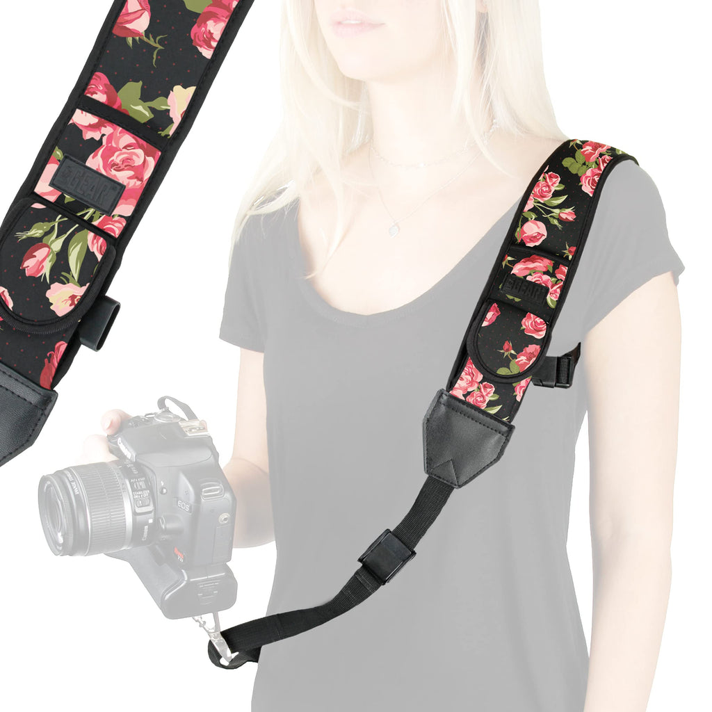  [AUSTRALIA] - USA GEAR Camera Sling Shoulder Strap with Adjustable Neoprene, Safety Tether, Accessory Pocket, Quick Release Buckle - Compatible with Canon, Nikon, Sony and More DSLR and Mirrorless Cameras (Floral) Floral