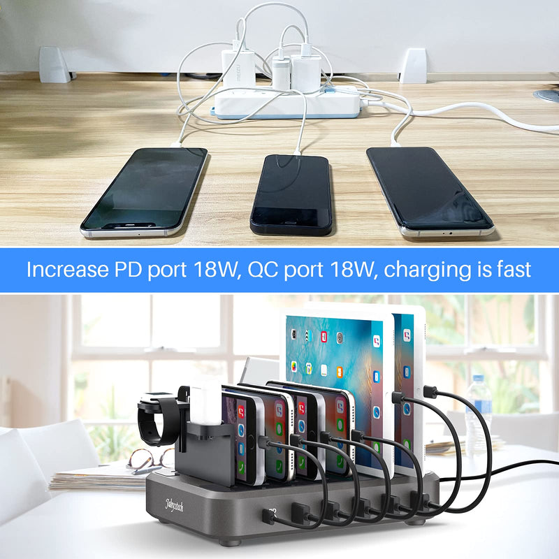  [AUSTRALIA] - Charging Station for Multiple Devices, 60W 6-Port Charging Dock with PD 20W USB-C & Quick Charge 3.0, 6 Short Charging Cables Included,Smartwatch Holder, Compatible with iPhone iPad Cell Phone Tablets