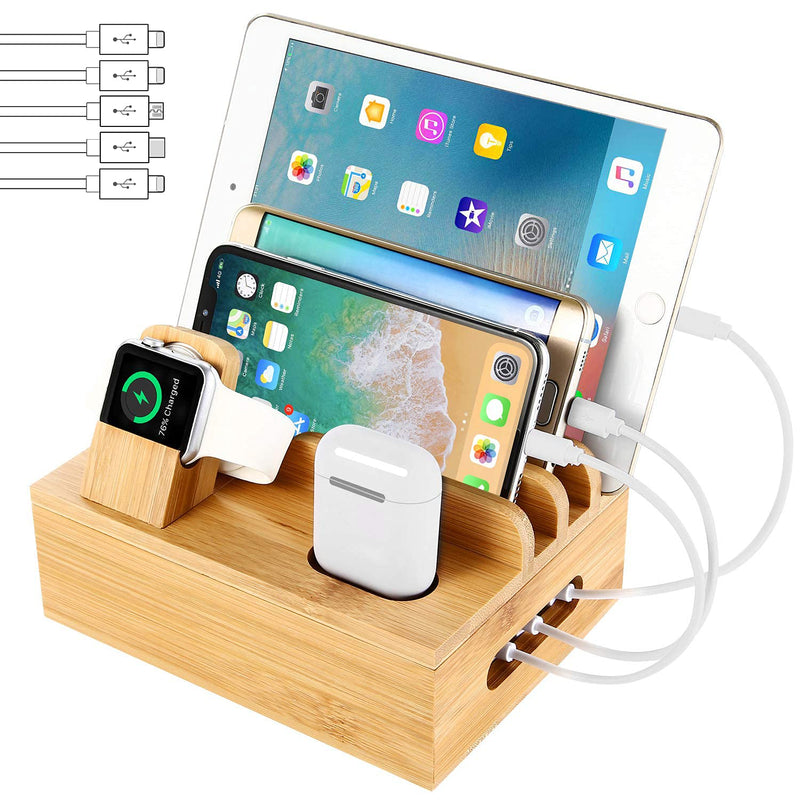  [AUSTRALIA] - Bamboo Charging Station Dock for 4/5 / 6 Ports USB Charger with 5 Charging Cables Included, Desktop Docking Station Organizer for Cellphone,Smart Watch,Tablet(No Power Supply)