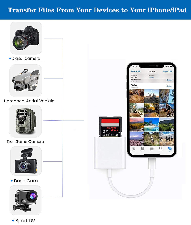 [AUSTRALIA] - Apple Lightning to SD Card Camera Reader, Trail Camera Viewer SD Memory Card Adapter for iPhone 14/13/12/11/XS/XR/X/8/7/iPad, Plug and Play