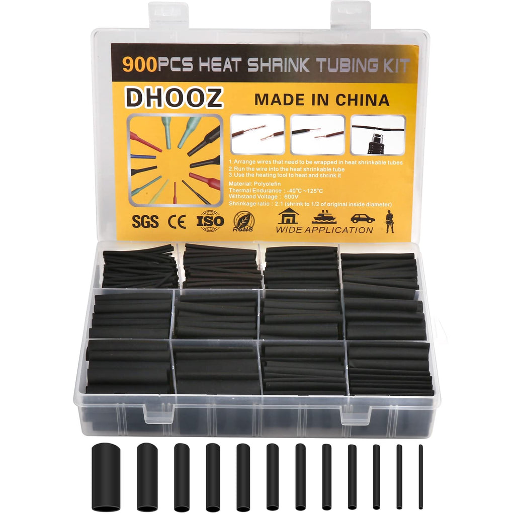  [AUSTRALIA] - 900Pcs Wire Heat Shrink Tubing Kit, Industrial Heat-Shrink Tubing for Wires, 2:1 Marine Grade Heat Shrink Wrap, Premium Large Electrical Waterproof Heat Shrink Tape (Black 12 Sizes) DHOOZ