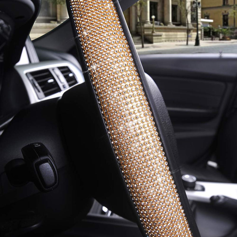  [AUSTRALIA] - TOYOUN Bling Steering Wheel Cover for Women, PU Leather Car Steering Covers with Crystal Rhinestones Universal Fit for 14.5 to 15 Wheel Standard Size Glitter Car Accessories for Girls Ladies, Gold