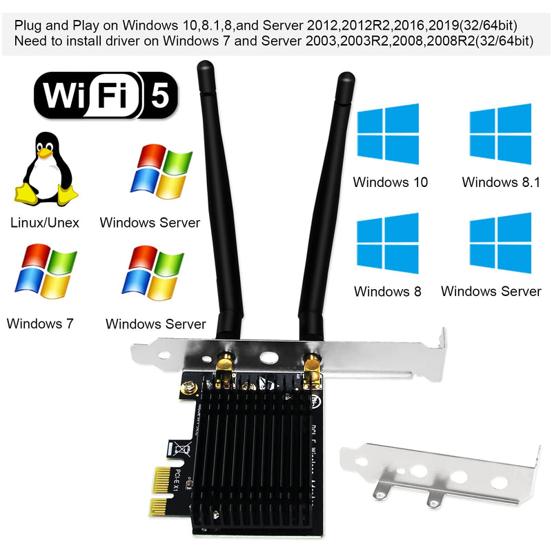 [AUSTRALIA] - FebSmart Wireless AC Dual Band 1200Mbps 2.4GHz 300Mbps 5GHz 867Mbps PCI Express WiFi Card for Windows 7 8 8.1 10 Server (32/64bit) Desktop PCs-TX Beamformee,MU-MIMO and Heatsink Technology (FS-AC87)