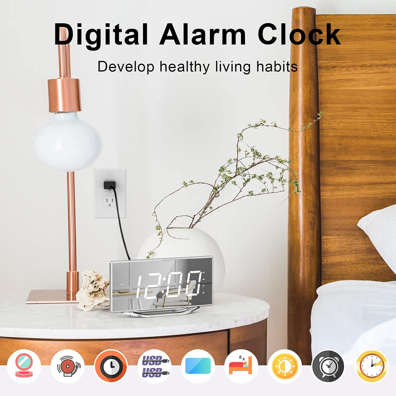  [AUSTRALIA] - Digital Alarm Clock Large Display, 8.7" LED Mirror Electronic Clocks with 2 USB Charger Ports, Loud Alarm Clock for Heavy Sleepers,Snooze Dual Alarm Dimmer, Modern Desk Clock for Bedrooms Teens Adults