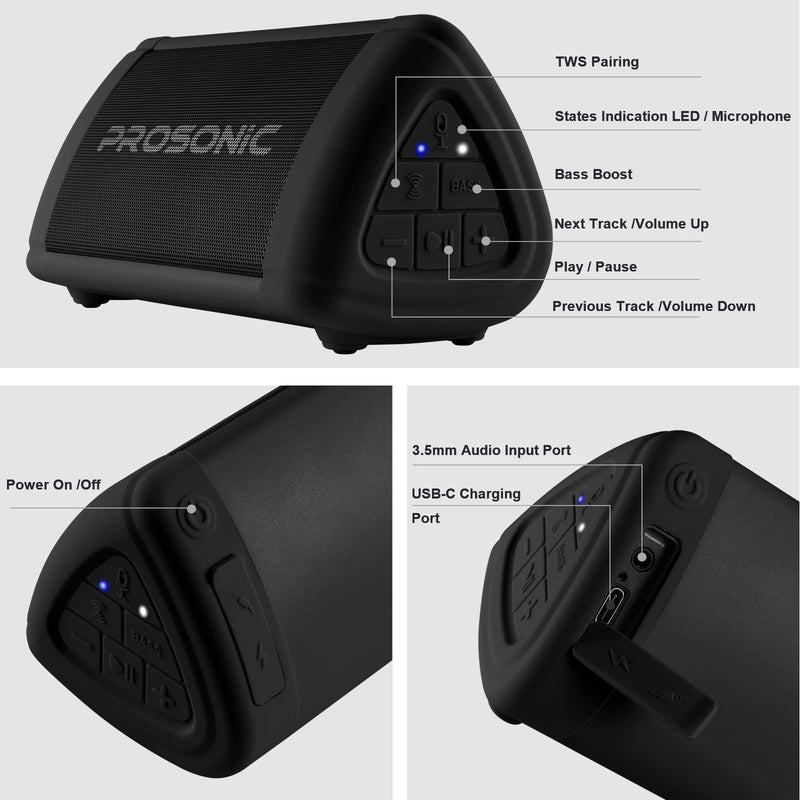  [AUSTRALIA] - Prosonic BT3 Portable Wireless Bluetooth Speaker with 10W Stereo Sound & Bass Boost -Rich Sound & Intense Bass -Bluetooth 5.0 -Microphone -IPX5 - in & Outdoor Speaker (Black) Black
