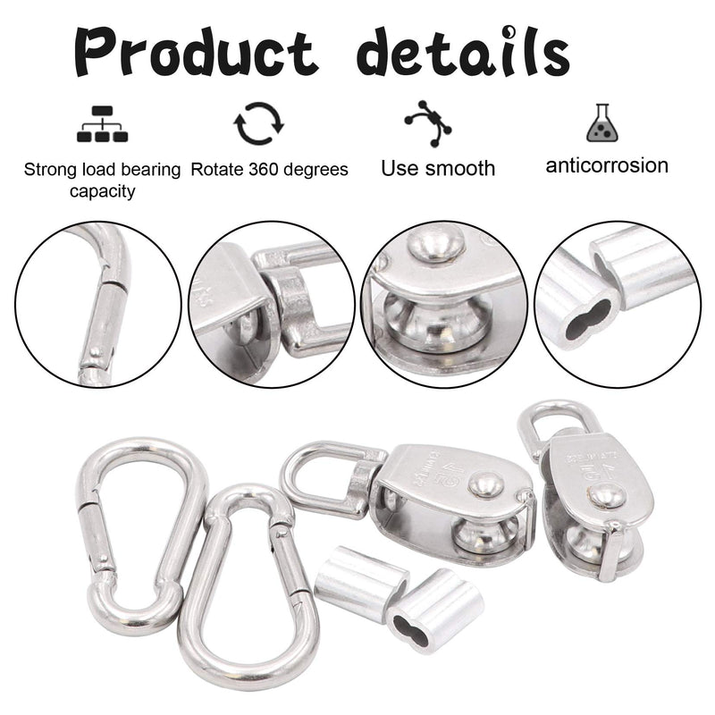(Lot of 7pcs)2pcs M15 Single Pulley Block for Lifting and 2pcs M6 Carabiner Snap Hook Clips in 304 Stainless Steel,2pcs Aluminum Crimping Loop Sleeves with 1pcs 4mm X 20m Nylon Rope 4MMrope - LeoForward Australia