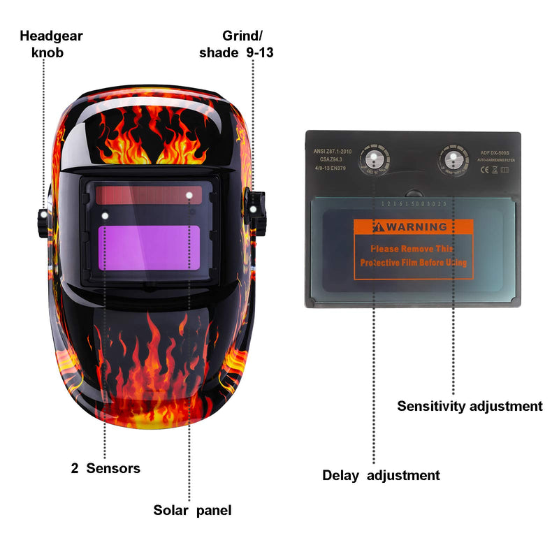  [AUSTRALIA] - DEKOPRO Welding Helmet Solar Powered Auto Darkening Hood with Adjustable Shade Range 4/9-13 for Mig Tig Arc Welder Mask Shield Flaming Skull Design