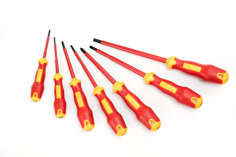 SATA 7-Piece VDE Insulated Electricians Screwdriver Set with Red and Yellow Handles and Alloy Steel Blades Tested to 10,000 Volts, ST09303 7 Piece Set - LeoForward Australia