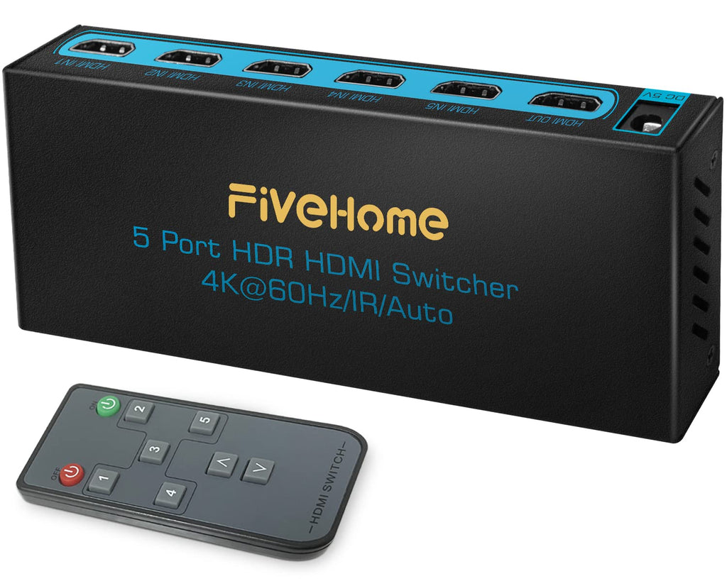  [AUSTRALIA] - 4K@60Hz HDMI Switch 5x1, FiveHome 5 Port HDMI Switcher with IR Wireless Remote Support Auto Switch, HDMI 2.0, HDCP 2.2, HDR, Full HD, 3D