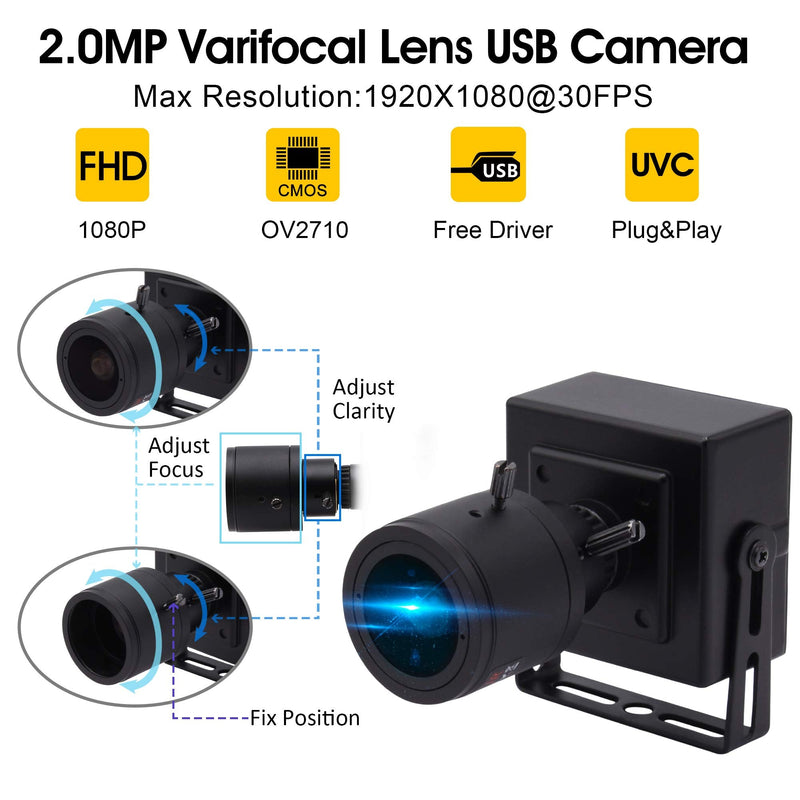  [AUSTRALIA] - 2.8-12mm Varifocal Lens USB Camera High fps Full HD 1080p Web Camera with CMOS OV2710 Image Sensor,640X480@100fps USB2.0 Webcam Manual Zoom&Focus USB with Camera UVC for Use in Linux Windows Android 2.8-12mm varifocal lens