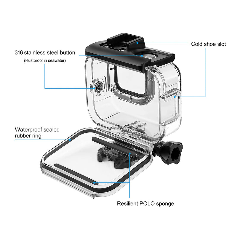  [AUSTRALIA] - SOONSUN Waterproof Housing Case for GoPro Hero 8 Black, Built-in Dual Cold Shoe Slots and Includes 2 Clod Shoe Mount Adapters, 196 Ft Underwater Protective Diving Housing Case for GoPro Hero8 Black Waterproof Housing for HERO8 Black