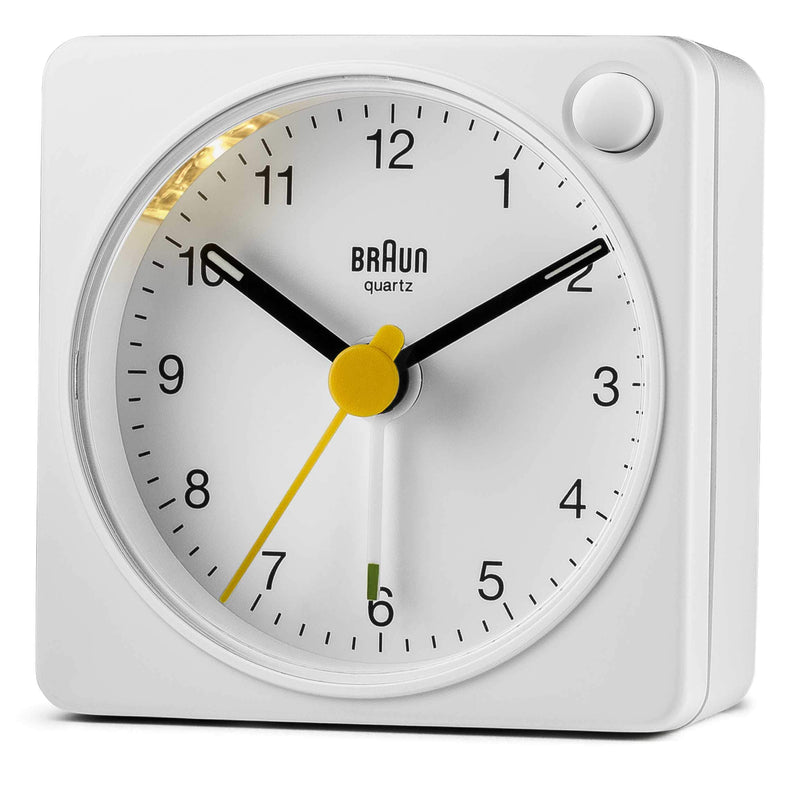  [AUSTRALIA] - Braun Classic Travel Analogue Clock with Snooze and Light, Compact Size, Quiet Quartz Movement, Crescendo Beep Alarm in White, Model BC02XW, One