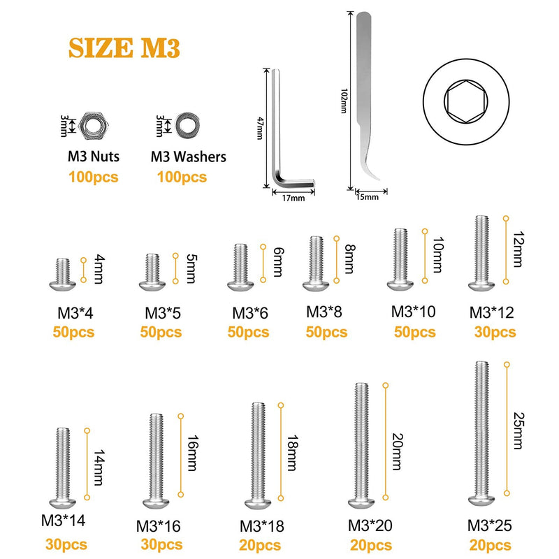  [AUSTRALIA] - VIGRUE 570PCS Stainless Steel M3 Button Head Hex Socket Cap Screw Bolts, M3 x 4/5/6/8/10/12/14/16/18/20/25mm Screw and Nuts Flat Washer Assortment Kit, Fully Machine Thread