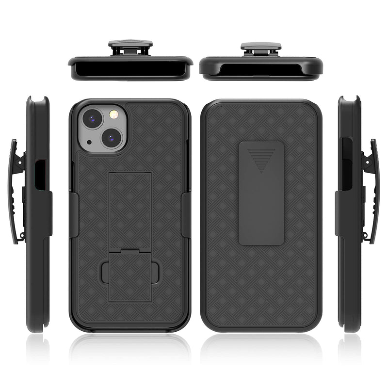  [AUSTRALIA] - HIDAHE Phone Case Compatible with iPhone 13, Combo Shell & Holster Slim Shell Case for Men Boys with Built-in Kickstand + Swivel Belt Clip Holster for Apple iPhone 13 6.1'' ONLY, Black