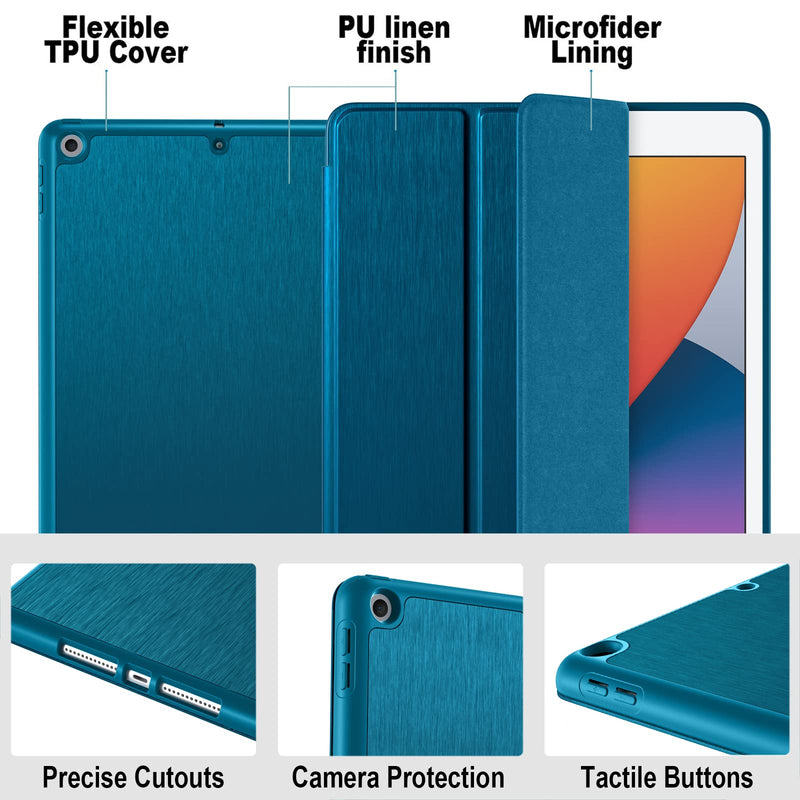  [AUSTRALIA] - Akkerds Case Compatible with iPad 10.2 Inch 2021/2020 iPad 9th/8th Generation & 2019 iPad 7th Generation with Pencil Holder, Protective Case with Soft TPU Back, Auto Sleep/Wake Cover, PeacockBlue