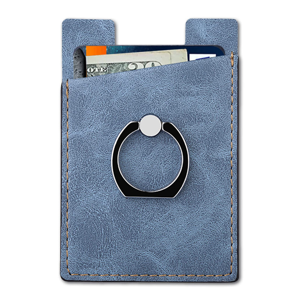  [AUSTRALIA] - Phone Card Holder with Phone Ring, Ring Wallets Combine a Finger Grip, Phone Ring Stand & Credit Card Sleeve into Thin Phone Wallets Stick On Universal to Any Cell Phone - Blue Leather