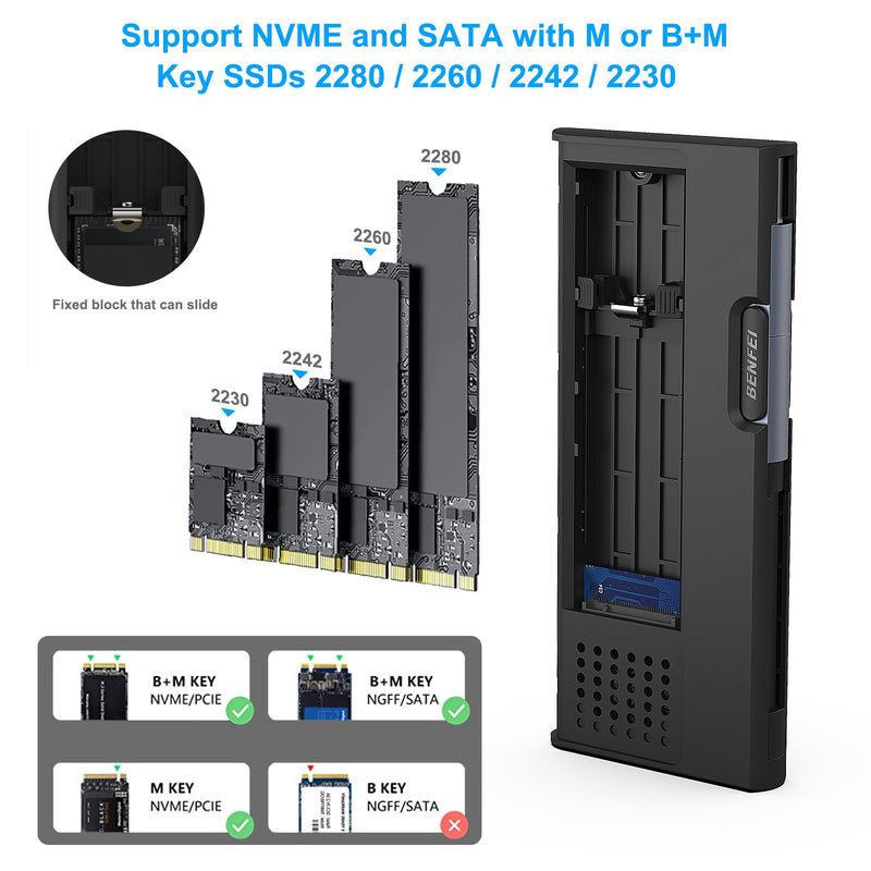  [AUSTRALIA] - BENFEI M.2 NVME SATA SSD Enclosure, 10 Gbps USB Type-C/Type-A to NVME PCI-E SATA M-Key/(B+M) Key Solid State Drive Enclosure Support UASP Trim for NVME/SATA SSDs 2242/2260/2280