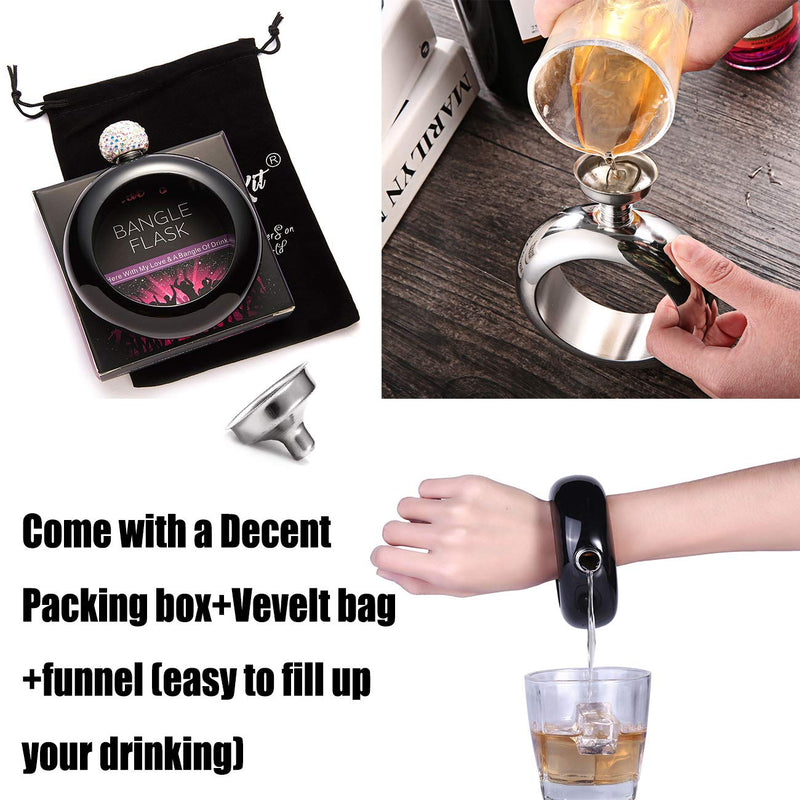  [AUSTRALIA] - Hillside-Kit Bracelet Bangle Flask Handmade Crystal Lid Creative 304 Stainless Steel Wine Flask Gift For Women Girls Men Party Flask Hidden Liquor Flask Bracelet Funnel Set 3.5oz Black