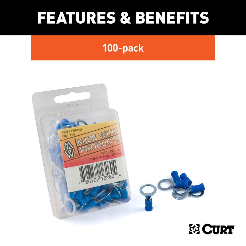  [AUSTRALIA] - CURT 59523 16-14 Gauge Blue Vinyl-Insulated Ring Terminal Wire Connectors, 3/8-Inch Stud, 100-Pack