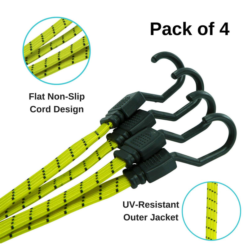  [AUSTRALIA] - Houseables Bungee Cords with Hooks, Bungie Straps, 4 Pack, 48 Inch Long, Yellow, Flat, Premium Rubber, Bungy Chords, Adjustable, Long Bungi Rope for Dolly, Upcart, Car Trunk, Camping, Luggage, Moving