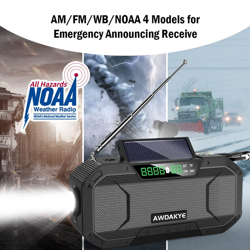  [AUSTRALIA] - 5000mAh Emergency Weather Radio with Bluetooth Speaker, Waterproof Hand Crank Digital NOAA AM FM Weather Radio, Solar Radio with Flashlight, Cell Phone Charger, Compass, Camping Survival Gear Black