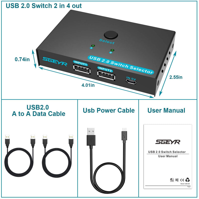  [AUSTRALIA] - SGEYR Metal USB Switch 2 Computers Sharing 4 USB Devices USB 2.0 Switcher Box, USB Peripheral Switch Adapter, for Printer, Mouse, Scanner, PCs with One-Button Swapping and 2 Pack USB A to A Cable
