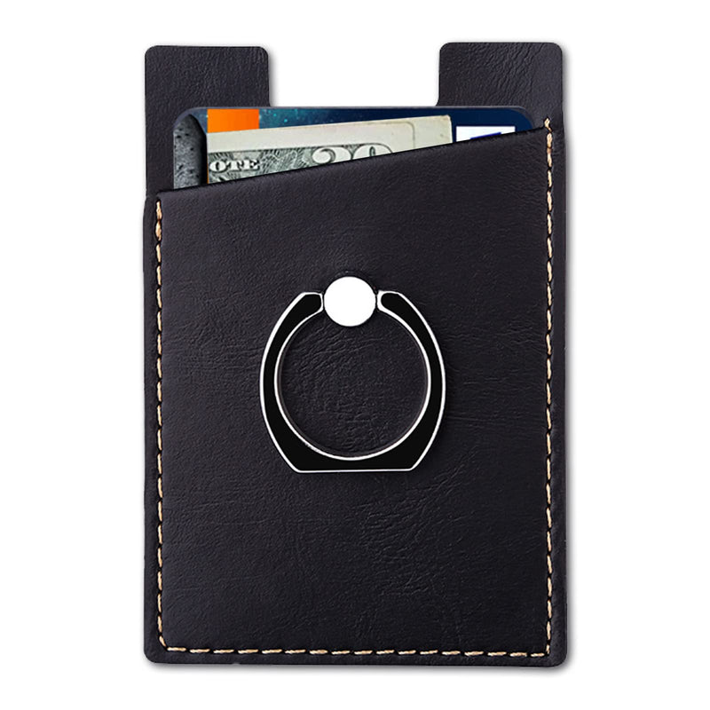  [AUSTRALIA] - Phone Card Holder with Phone Ring, Ring Wallets Combine a Finger Grip, Phone Ring Stand & Credit Card Sleeve into Thin Phone Wallets Stick On Universal to Any Cell Phone - Black Leather