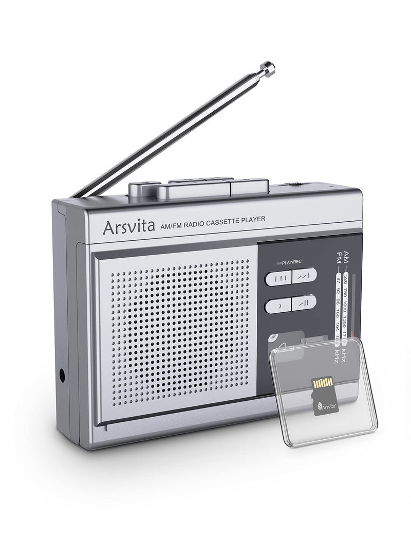  [AUSTRALIA] - Arsvita Portable Cassette Player and Recorder, Cassette to MP3 Digital Converter, AM/FM Radio Tape Walkman, Support Micro SD Card (16GB Included), Build-in Speaker and Microphone,Silver