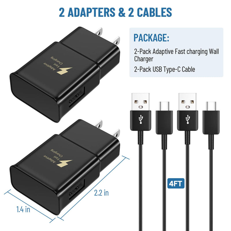  [AUSTRALIA] - Adaptive Fast Charger Type C with Android Phone Charger C Cable for Samsung Galaxy S21/S21 Ultra/S20/S10/S9/S8/S10 Plus/S10e/Note 10/Note 9/Note 8/S9 Plus/S8 Plus/Note 20/Z Flip 3/Z Fold 3(2 Pack) Black