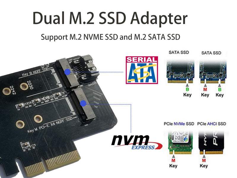  [AUSTRALIA] - Valuegist Dual M.2 PCIE Adapter for SATA or PCIE NVMe SSD, M.2 SSD NVME (m Key) and SATA (b Key) 2280 2260 2242 2230 to PCI-e 3.0 x 4 Host Controller Expansion Card (MKeyBkey) MKeyBkey