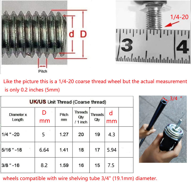  [AUSTRALIA] - Pusalxl 2 inch Shelves Caster Wheels for Wire Shelving Shelf, Stem Casters Set of 4 with Locking Brakes Fit 3/4" Post- Shelving Adapter for Wire Shelf,Stems 1/4" - 20 Casters for Wire Rack Shelf,Wheel 2" diameter