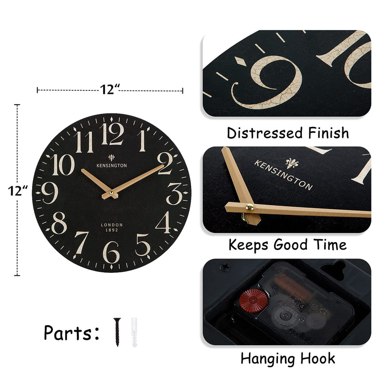 NIKKY HOME Farmhouse Wall Clock Silent Non Ticking - 12 Inch Quartz Battery Operated Vintage Wooden Round Black Clock Home Decor for Kitchen, Living Room, Bedroom, Office - LeoForward Australia