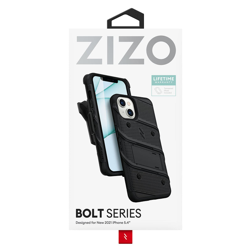 [AUSTRALIA] - ZIZO Bolt Bundle for iPhone 13 Mini Case with Screen Protector Kickstand Holster Lanyard - Black Black/Black