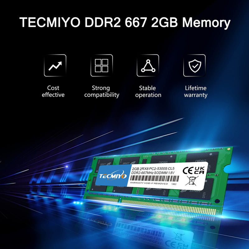  [AUSTRALIA] - TECMIYO 2GB DDR2 667Mhz PC2-5300 PC2-5300S Non ECC Unbuffered 1.8V CL5 2RX8 Dual Rank 200 Pin Sodimm Laptop Notebook Computer Memory Ram Module 2GB DDR2 667 SODIMM