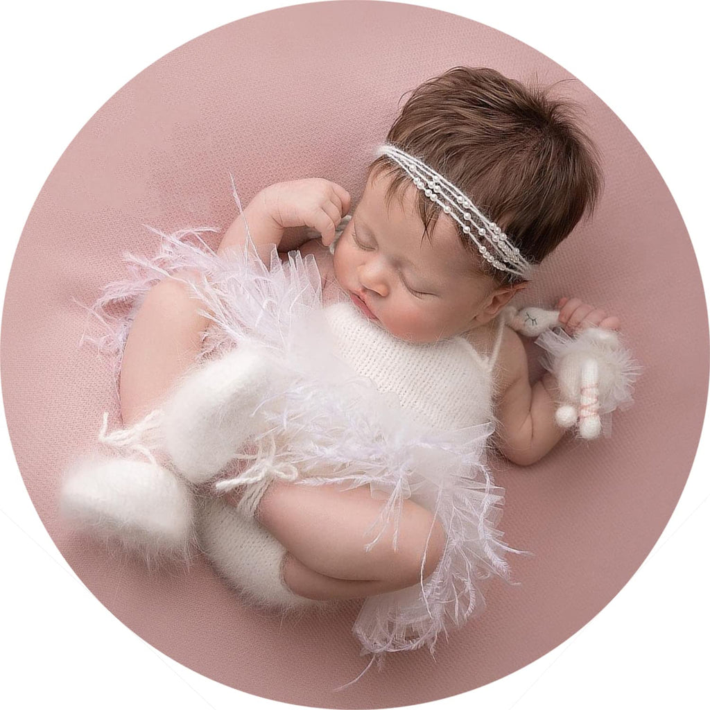  [AUSTRALIA] - 5pcs Newborn Photography Props Baby Girl Crochet Romper and Knitted Socks Tutu Skirt with Feathers Costume with Pearl Headband Baby Handmade Crochet Outfit