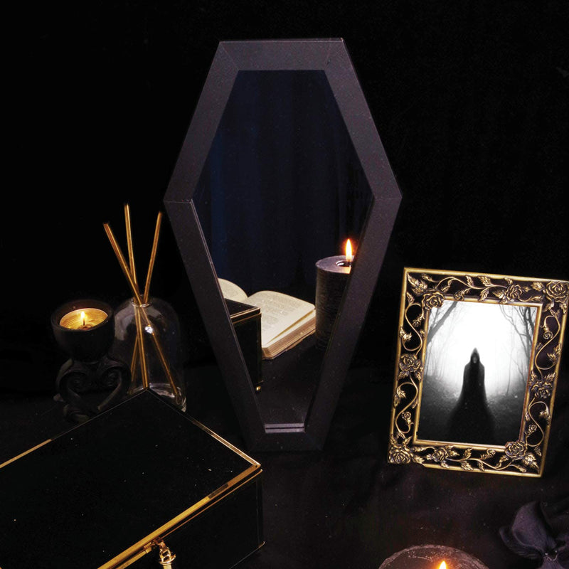  [AUSTRALIA] - Darklyfe Gothic Decor Coffin Mirror - 4 in 1 - Wall-Mounted Mirror - Makeup Mirror - Locker Mirror Magnetic - Tabletop Mirror Tray for Jewelry Display - Spooky Decor for The Home - 13 x 7 Inches