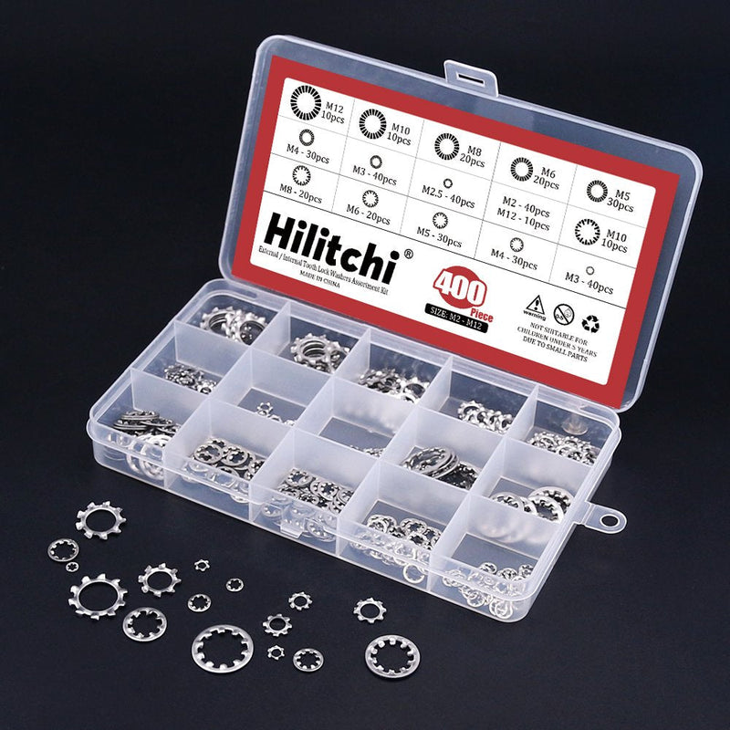  [AUSTRALIA] - Hilitchi 400-Pcs [8-Size] 304 Stainless Steel External Internal Tooth Star Lock Washers Assortment Kit - Included: M2 M3 M4 M5 M6 M8 M10 M12 Internal + External