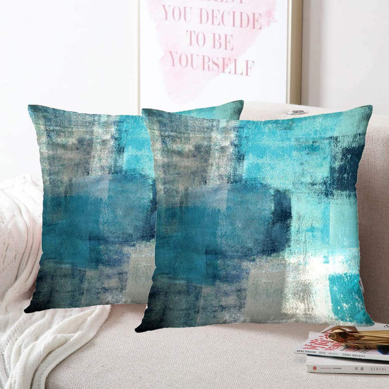 [AUSTRALIA] - Set of 2 Turquoise and Grey Art Artwork Throw Pillows Covers Grey and Blue Abstract Art Cushion Cover for Bedroom Sofa Living Room 18X18 Inches Cotton Pillowcase Blueretro01
