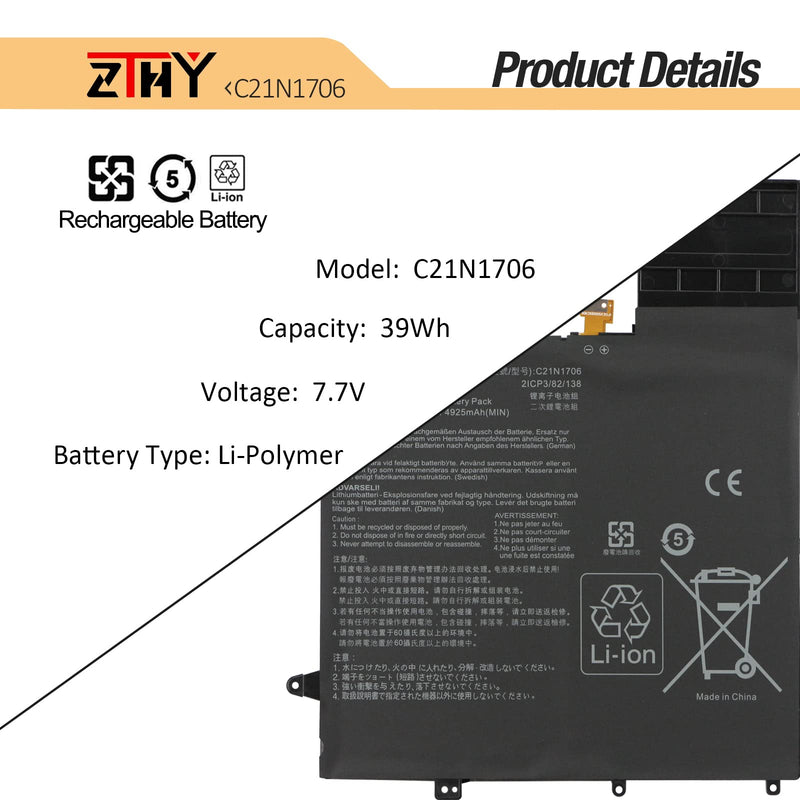  [AUSTRALIA] - ZTHY C21N1706 Laptop Battery Replacement for ASUS ZenBook Flip S UX370 UX370U UX370UA UX370UAF UX370UAR UX370F UX370UA-C4217T UX370UA-C4184T C4331T C4059 C4238T TC4131T C4372T 7.7V 39Wh 5070mAh