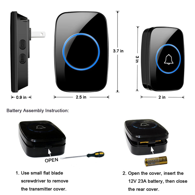  [AUSTRALIA] - Wireless Doorbell, Waterproof Door Bell Kit, Over 1000 feet Range and 60 Chime, 5 Levels Volume and LED Flash, for Home Office Classroom 1 Push Button + 1 Plug-In Receiver Black