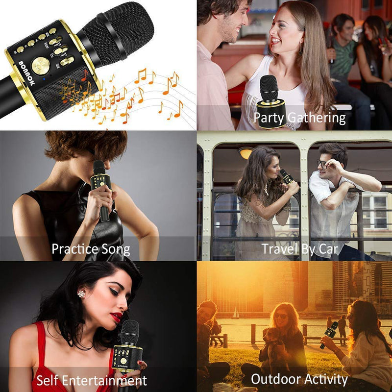  [AUSTRALIA] - BONAOK Bluetooth Wireless Karaoke Microphone,3-in-1 Portable Handheld Karaoke Mic Speaker Machine Birthday Home Party for PC or All Smartphone Q37 (Black Gold) Black Gold
