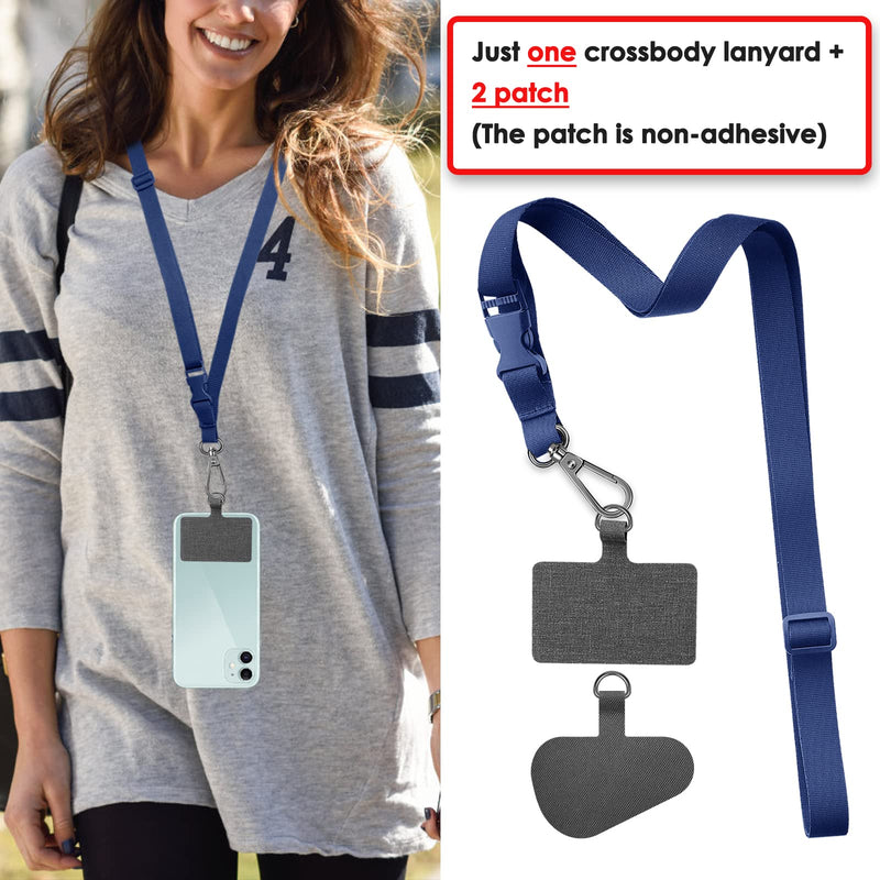  [AUSTRALIA] - ROCONTRIP Phone Lanyard 1X Crossbody lanyard and 2X Patch Universal Cell Phone Lanyards Adjustable Shoulder Neck Strap Compatible with Most Smartphones(Navy Blue) Navy Blue