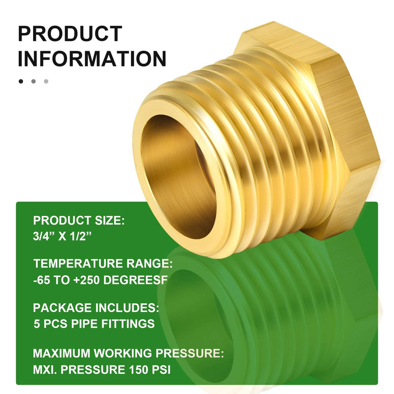  [AUSTRALIA] - TAISHER 2PCS Brass Reducer Hex Bushing Threaded Pipe Fitting 3/4" NPT Male x 1/2" NPT Female Adapter 3/4" MNPT x 1/2" FNPT 2