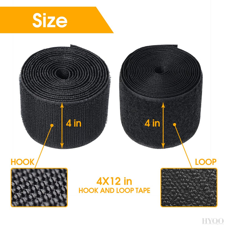  [AUSTRALIA] - 4" Black Sew On Hook and Loop Tape for Mounting, Hanging, or Organizing Items - Non-Adhesive Strips Back Nylon Sticky Strips Fabric Fastener Industrial Strength Tape - 12" of Hook 12" of Loop 4x12 IN Hook & Loop