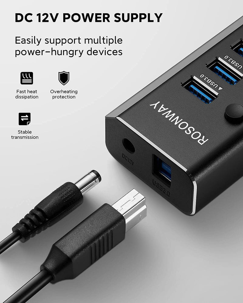 Powered USB Hub, Rosonway Aluminum 10 Port USB 3.0 Data Hub with 36W (12V/3A) Power Adapter and Individual On/Off Switches USB Splitter(RSH-A10) - LeoForward Australia