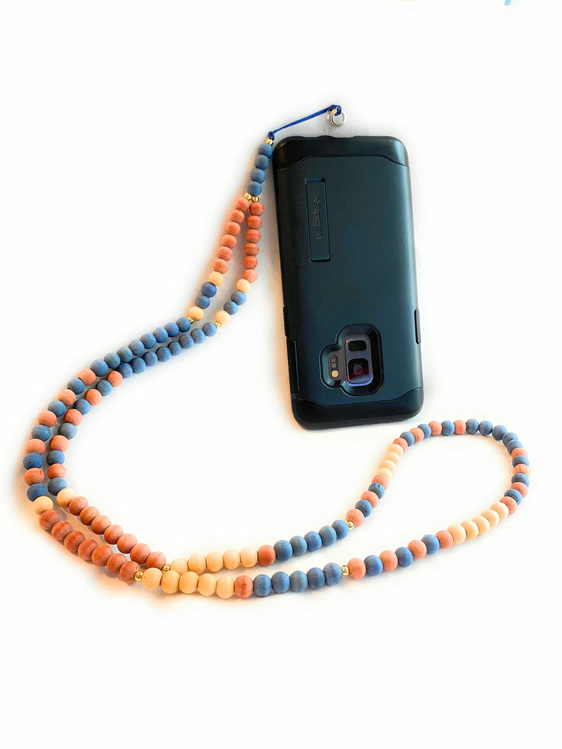  [AUSTRALIA] - Wooden beaded phone chain lanyard gift for women stocking stuffer (Blue with Universal Tab) Blue With Universal Tab